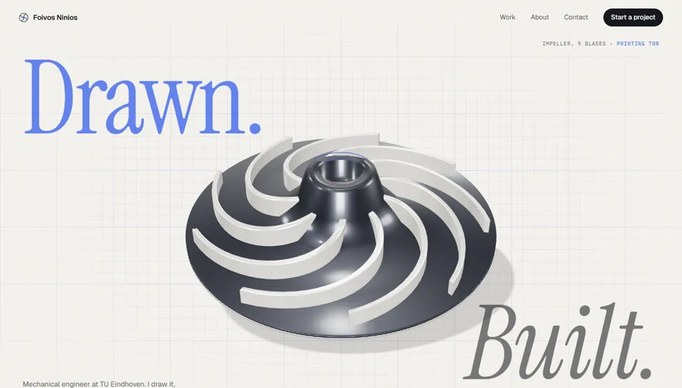 Direction G: A half-printed metal impeller, blue line drawing above and solid below, on drawing paper.
