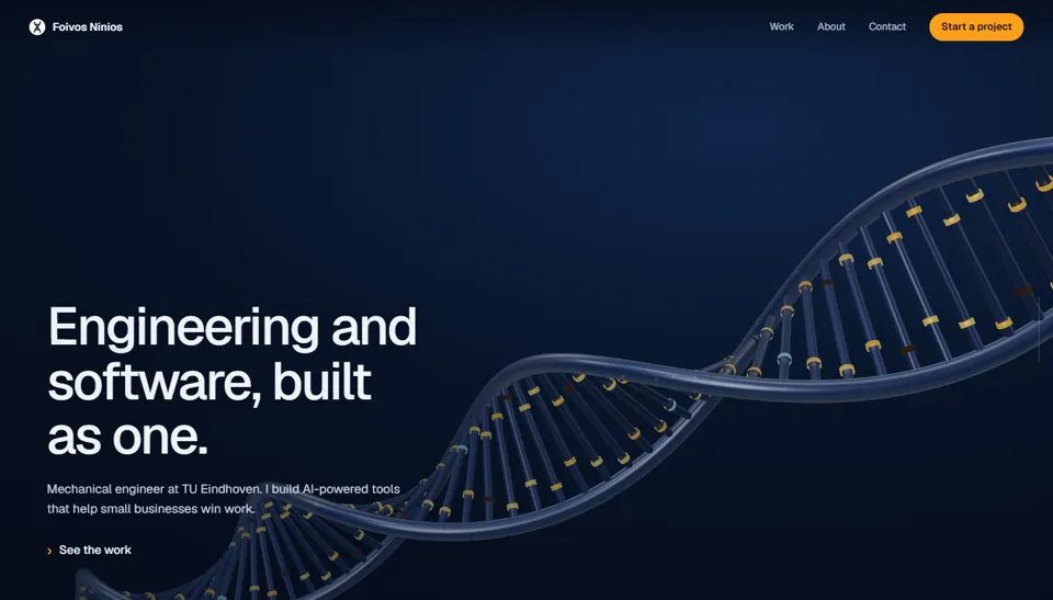 Direction E: A dark navy double helix with glowing orange rings beside the headline Engineering and software, built as one.