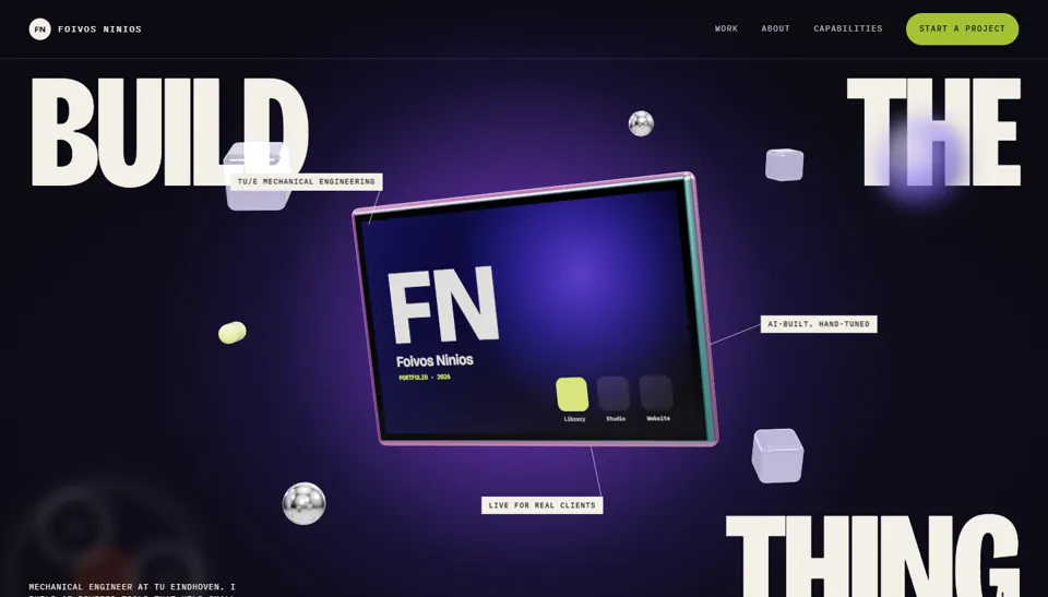 Direction C: A floating iridescent tablet on a violet glow with the words Build the thing.