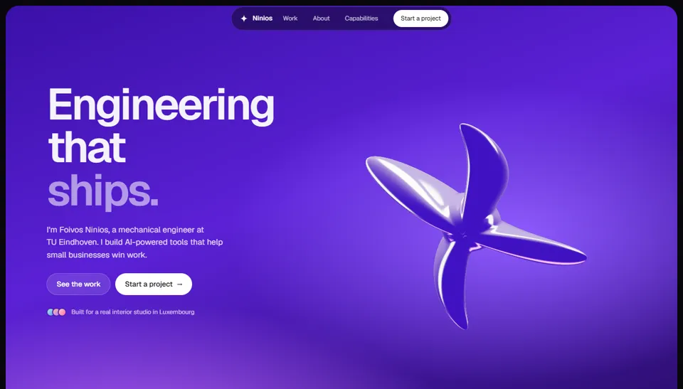 Direction D: A violet hero panel with a chrome four-pointed star and the headline Engineering that ships.