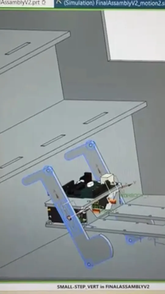 The multiped robot climbing a step in a Siemens NX motion simulation.